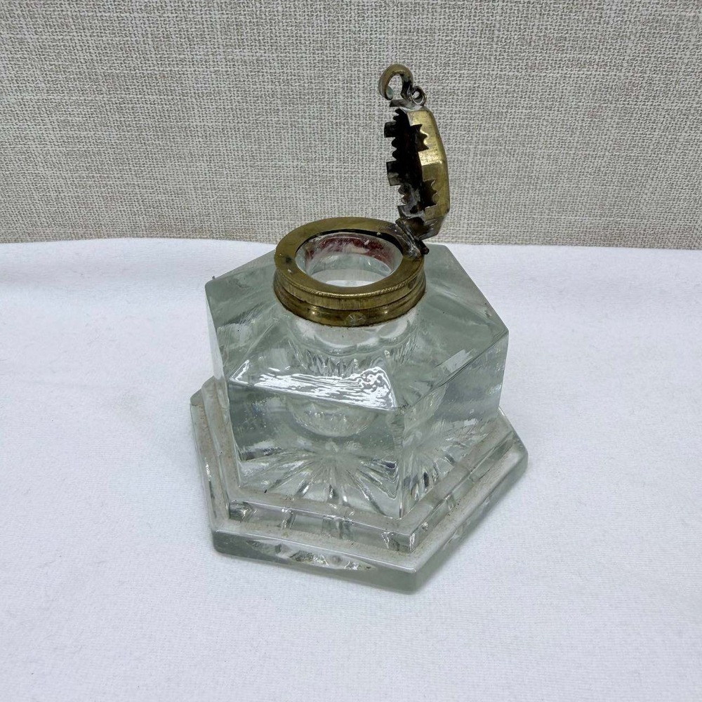 Antique Hexagonal Cut Glass Inkwell with Hinged Brass Lid Starburst Base 3in